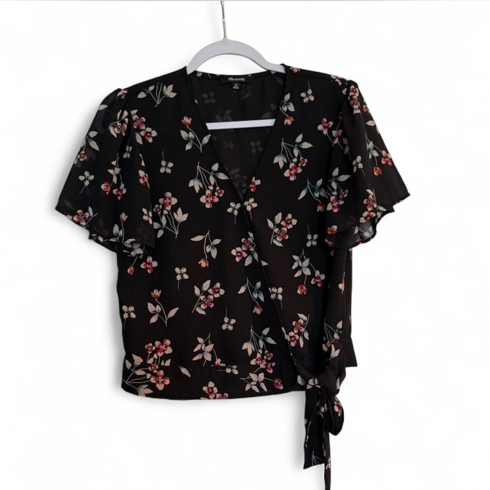 Madewell Black Floral Tie-Wrap Blouse